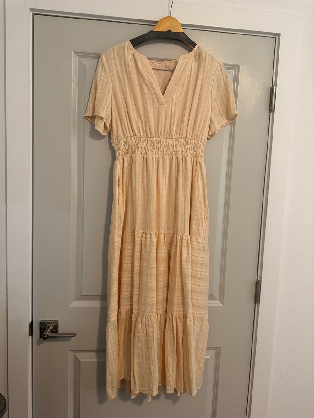 Women's Cream Tiered Maxi Dress with Smocked Waist